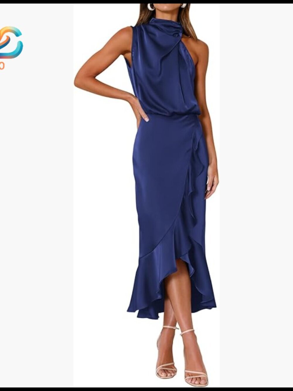 Satin Mock Neck Wrap Midi Dress Formal Cocktail Party Wedding Guest